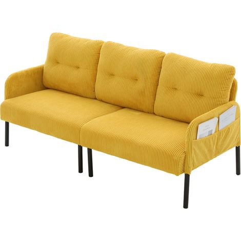 Sofá Recto de 3 Plazas en pana con Respaldo Ergonómico, Bolsillo Lateral, Estructura Metálica, Amarillo (1/5)