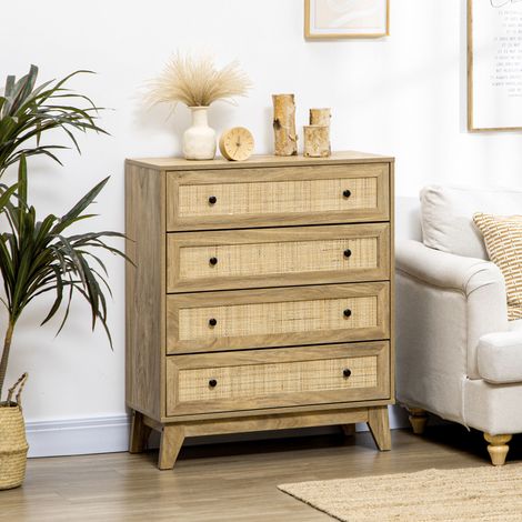 HOMCOM Kommode mit 4 Schubladen, Holzkommode mit Rattanfronten, Cannage-Stil, fürs Schlafzimmer, 80 x 35 x 95 cm, Natur