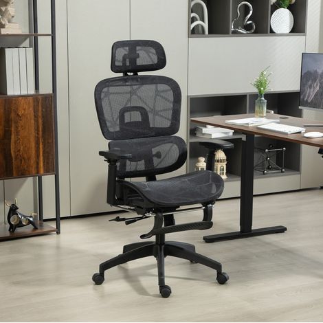 Ergonomischer Bürostuhl aus schwarzem Netzgewebe, Kopfstütze, Lordosenstütze, Fußstütze HAVRYA (1/3)
