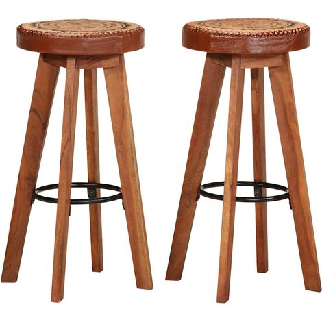 Lot de 2 Chaises de bar Tabourets de bar - Tabouret Haut Cuir véritable et bois d'acacia solide BV907594 - BonneVie (1/5)