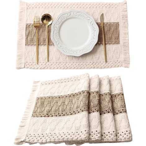 Ensemble de 4 sets de table bohèmes, napperons tissés style campagnard, sacs en coton naturel, pour la table à manger et la cuisine (1/5)