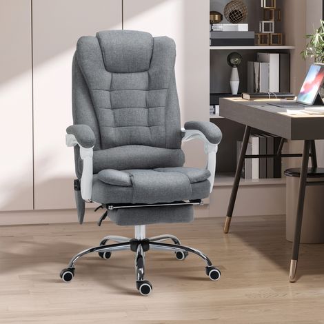 Sillón ejecutivo de oficina con función de masaje, calefacción, altura regulable, respaldo reclinable y tapizado en tela de lino gris.