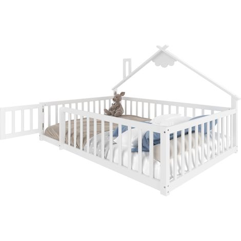 Lit plat 140x190 cm, lit enfant design maison, garde-corps avec serrure, bois de pin, blanc, chambre enfant, matelas non inclus (1/5)