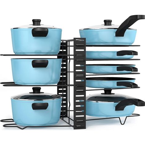 Boîte de rangement noire pour casseroles avec 8 compartiments réglables et couvercle, s'intègre dans une armoire, une boîte de rangement pour vaisselle de cuisine et un support pour casseroles (1/5)