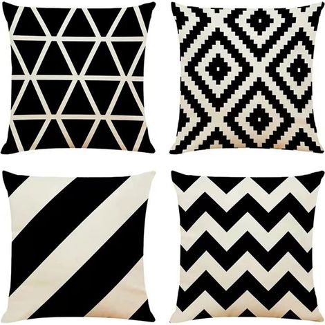Lot de 4 housses de coussin décoratifs noires à motifs géométriques, 45 x 45 cm