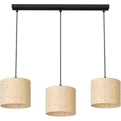 Suspension rattan 3 abat-jour crème barre noire 75cm E27