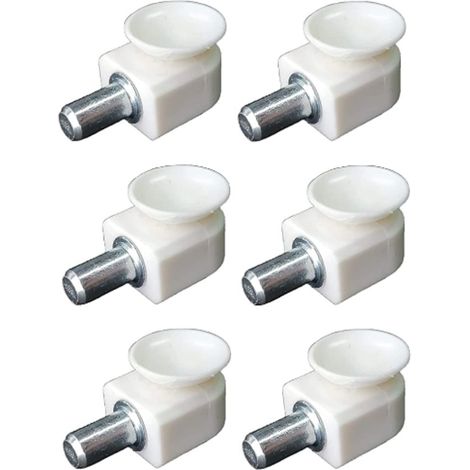6 PEZZI - SUPPORTO REGGIPIANO CON VENTOSA IN PLASTICA BIANCA 13x15MM - CON PERNO DA INCASSARE IN ACCIAIO Ø5MM