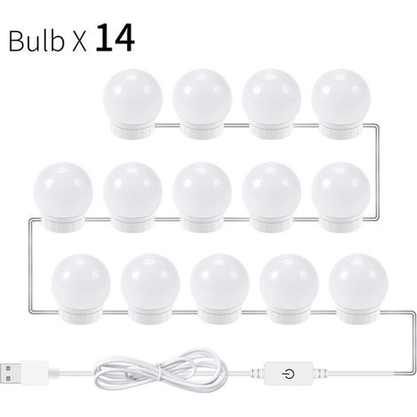 LED-Schminkspiegel-Beleuchtungsset mit 14 dimmbaren Glühbirnen für Schminktische im Ankleidezimmer, inklusive LED-Streifen, einziehbarem Kabel und USB-Netzteil (weiß). (1/5)