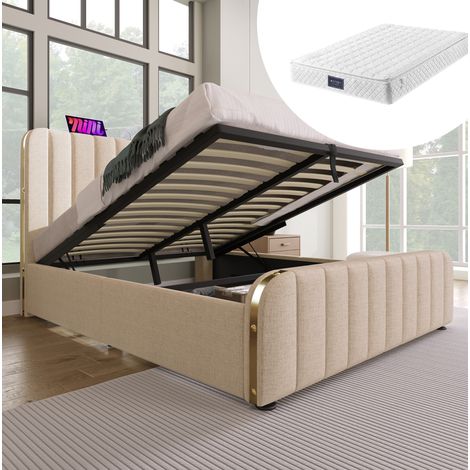 Polsterbett Doppeltes, gepolstertes Kopfteil mit goldenen Zierstreifen und ,USB Typ-C Ladefunktion 140200 cm, Beige Leinen-Material Hydraulisches Lagerbett,Belastbarkeit 181 kg (Mit Matratze) (1/5)