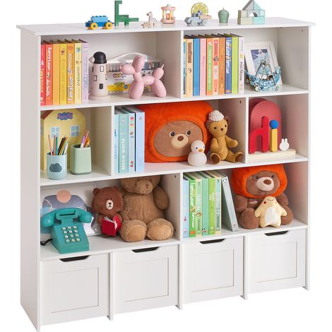 VEVOR Kinderregal Bücherregal aus Holz mit Stauraum, Spielzeugschrank mit 4 mobilen Schubladen, Aufbewahrungsschrank für Spielzeug, Spielzeugregal für Schlafzimmer Kinderzimmer Wohnzimmer, weiß (1/5)