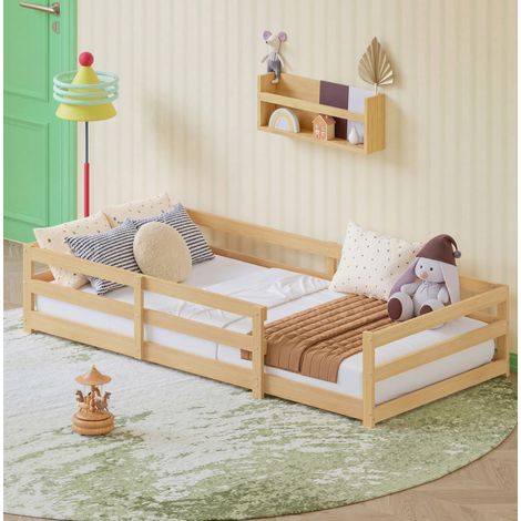 Lit enfant 90x200 cm avec barrière de sécurité, sommier à lattes inclus, en bois, naturel, sans matelas (1/5)