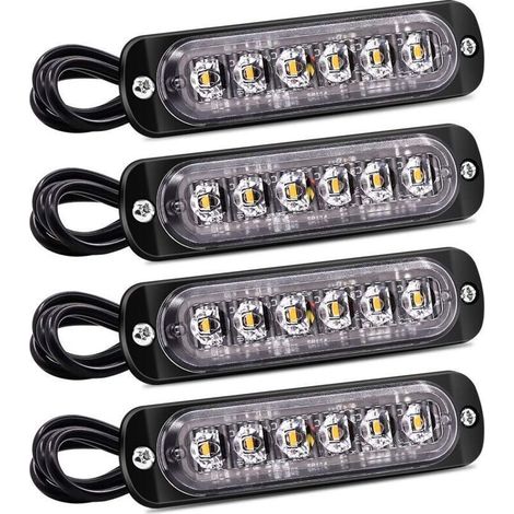 Lot de 4 feux latéraux stroboscopiques à 6 LED - Barre lumineuse de danger jaune - Signal de dysfonctionnement - Feux clignotants d'urgence étanches 12 V 24 V universels pour voiture camion (1/5)