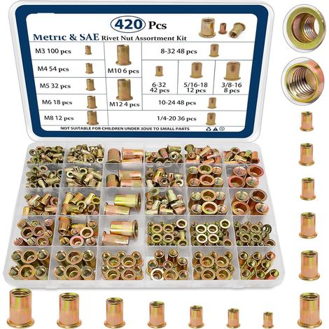 Coffret de 420 Écrous à Sertir Zingués, Inserts Filetés Rivet Nuts à Tête Plate Moletée, Assortiment Métrique et SAE en Acier, Écrous Aveugles pour Pince à Riveter, Fixation Tôle, Profilé, Meuble, Aut (1/5)