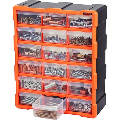 Plastique PP noir et orange, organisateur de rangement 18 tiroirs empilable pour garage, vis, perles et bricolage (1/5)