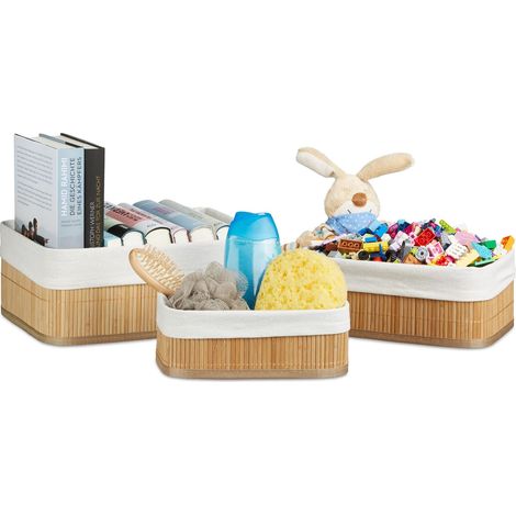 Boîte de rangement en bambou lot de 3 paniers rectangles HxlxP 12,5 x 32 x 22 cm pour étagère et armoire, nature (1/5)