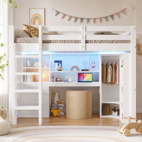 Hochbett 90x200 cm mit LED, Schreibtisch, Kleiderschrank und Stauraum, weiß HAVRYA (1/5)