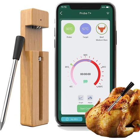 Thermomètre à viande sans fil avec application Bluetooth, thermomètre BBQ en acier inoxydable pour four et barbecue, noir