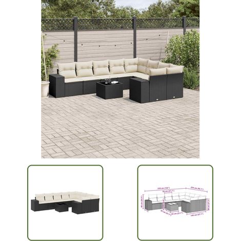 The Living Store 10-tlg. Garten-Sofagarnitur mit Kissen Schwarz Poly Rattan - Gartenmöbel Set - PE-Rattan Möbel - Outdoor Lounge - Esstisch Set - Balkonmöbel (1/3)