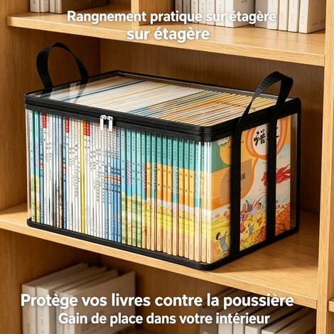 Boîte de Rangement Livres Pliable en PVC Transparent Noir avec Couvercle Anti-Poussière, Grand Modèle 24 x 38 x 32 cm, pour Chambre, Bureau et Salon (1/5)
