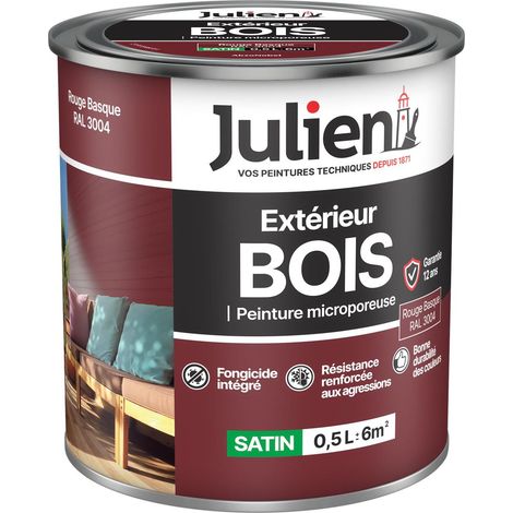 Julien Peinture Bois Microporeux Extérieur Satin - Portes, fenêtres, portails, mobilier de jardin - Rouge Basque 0,5 L