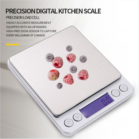 Elektronische Küchenwaage, hochpräzise Wiegefunktion bis zu 0,1 g, Edelstahlfrontplatte, LCD-Bildschirm, tragbare Waage mit grammgenauer Genauigkeit, maximales Gewicht 3 kg. (1/4)