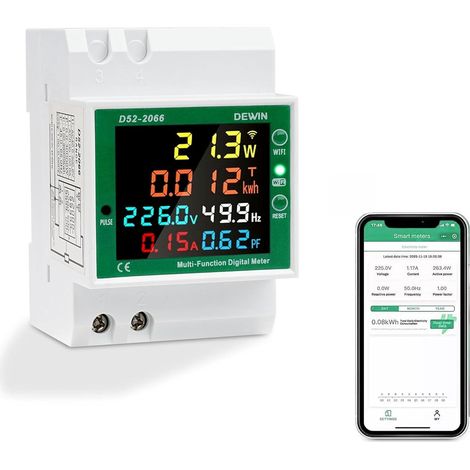 Compteur électrique WiFi monophasé, 6 en 1 Compteur électrique numérique monophasé Compteur d'énergie électrique Wifi AC40  300 V 100 A Voltmètre Ampèremètre Rail Din (1/5)