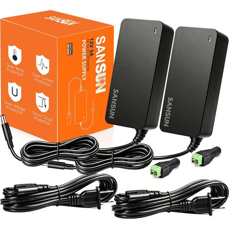 Bloc d'alimentation 12 V 5 A, convertisseur jack AC 120 V à CC 12 V 5,5 x 2,1 mm, pilote LED 12 volts 60 W transformateur adaptateur pour éclairage de bande lumineuse, caméras de surveillance, disque (1/5)