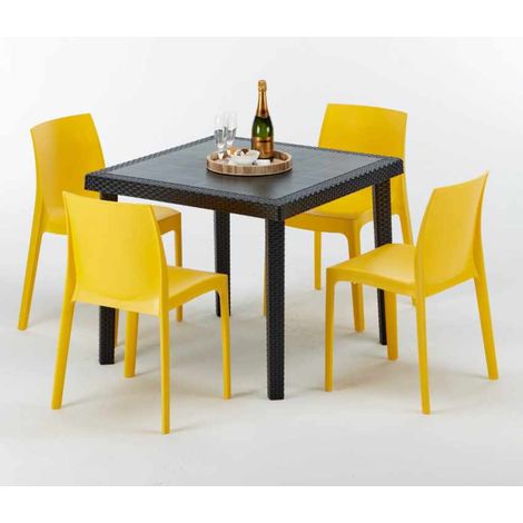 Tavolino Quadrato Nero 90x90 cm con 4 Sedie Colorate Rome Passion - Giallo