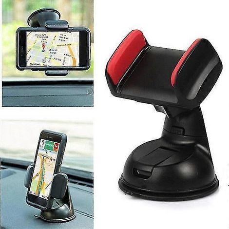 Support universel pour téléphone de voiture avec rotation à 360°, ventouse adhésive, fixation sur pare-brise et support pour système de navigation.
