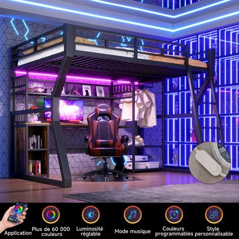 Lit Mezzanine métal 140x200 avec LED et Prise électrique, Lit Superposé Enfant avec Espace de Rangement pour vêtements, Bureau intégré, Casiers et étagères, Noir- matelas non inclus
