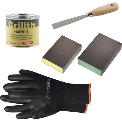 Grilith Holzkitt - Reparaturpaste Spachtelmasse, ideal zur Holzreparatur mit Schleifblöcke K220 & K320 und Spachtel, Fichte, Birke, Esche 200ml (1/4)