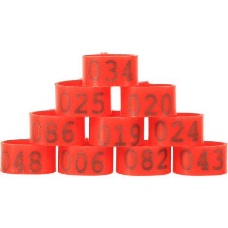 100 pièces/sachet 16 mm 001-100 Numéros en plastique pour volailles (poulets, canards, pattes de corbeaux) Bandes Anneaux (Rouge) (1/4)