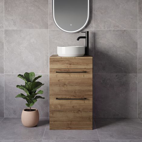 Napoli 390 Tobacco Oak 500mm 2 Drawer Vanity Unit for Countertop Basins - 500mm - Matt Black 320mm Handle
