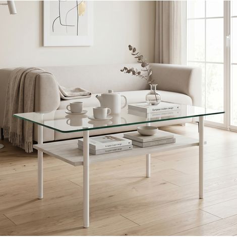 Rechteckiger Couchtisch mit 2 Ebenen aus Glas, MDF und weißem Metall 97,7 x 57,7 x 45 cm HAVRYA (1/5)