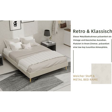 Cadre de lit moderne minimaliste, 140200CM, beige, tissu velours hollandais, sommier bas, mobilier de chambre au style moderne, sans vérin à gaz, sans tête de lit ni matelas. (1/5)
