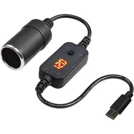 Cable adaptador convertidor USB-C macho a encendedor de cigarrillos de coche de 12 V con pantalla，voltaje ajustable de 5 V/9 V/12 V (70 cm)，70 cm (1/5)