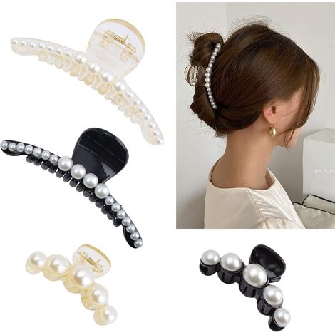 Pince À Cheveux Perle - Pince À Mâchoire Grande Et Petite - Résine Blanche Et Noire - Pour Cheveux Épais Longs - Lot De 5 (1/5)
