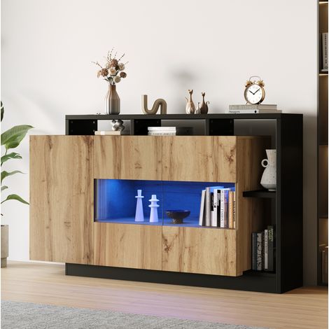 Aparador LED 140x44x93.5 cm color madera en MDF con estantes regulables y control Bluetooth (1/5)