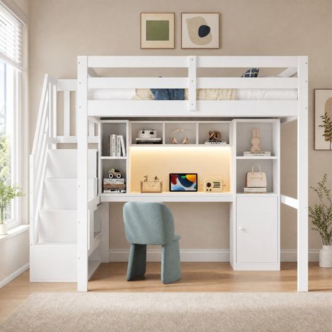 Letto a soppalco 253x148x170 cm, con scrivania, scala contenitore, ripiani, prese EU, LED, legno bianco (1/5)