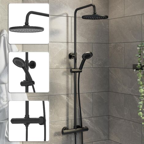 Round Black Thermostatic Mixer Shower Dual Head Rainfall Head Handset Bathroom (1/5)