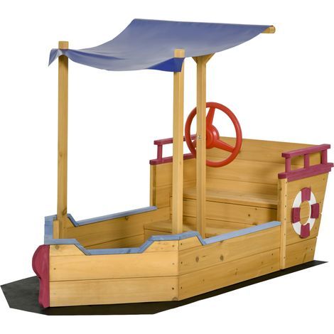 Piraten-Sandkasten aus Holz mit Sonnensegel, Aufbewahrungskiste und Steuerrad – vorgeöltes Tannenholz