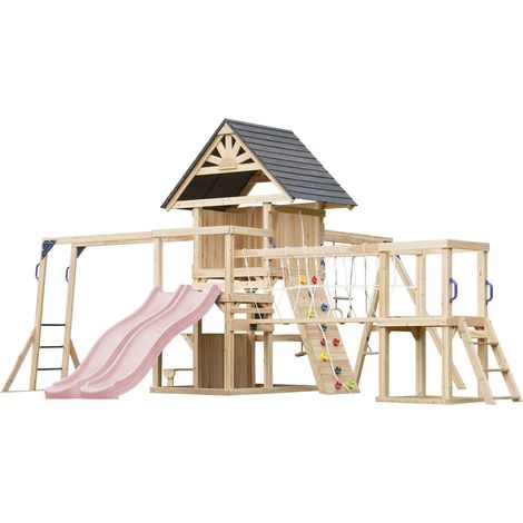 Axi Hunter Aire De Jeux En Bois, 2 Balançoires, Toboggan Double, Rose Pastel  Maisonnette Xxl / Equipement De Jeux Pour Enfants Avec Structure D'Escalade, Pont Suspendu Et Trapèze  Pour Le Jardin