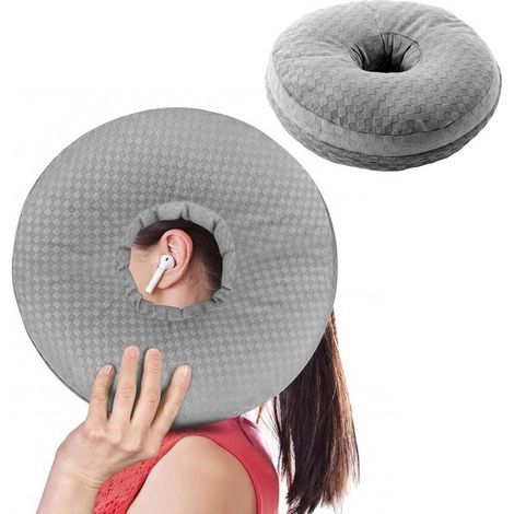 Cuscino a ciambella per le orecchie, ideale per chi dorme su un fianco, per alleviare il dolore causato da fori nelle orecchie, include tappi auricolari, colore grigio/rotondo. (1/5)
