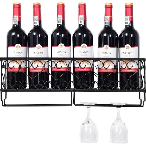 Casier à vin Mural avec Porte-Verres, étagère Suspendue Flottante pouvant contenir 6 Porte-Verres à Pied et 6 Bouteilles de vin, idéal pour Restaurant, Bar, Maison et Cuisine. (1/5)