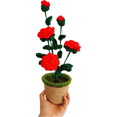 Fleurs artificielles au crochet pour la décoration de bureau et d'étagères (rose tricotée à la main)-AquaForge (1/4)
