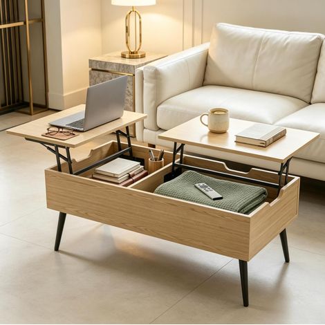Mesita de centro elevable con 2 compartimentos ocultos, tapa efecto madera y patas de metal negras, para salón u oficina – CHICFURN, práctica para trabajar y comer (1/5)