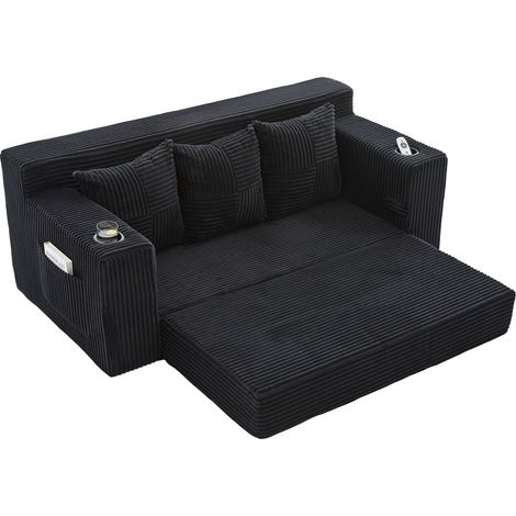 Sofá modular de 3 plazas de terciopelo acanalado negro con portavasos y bolsillos laterales (1/5)