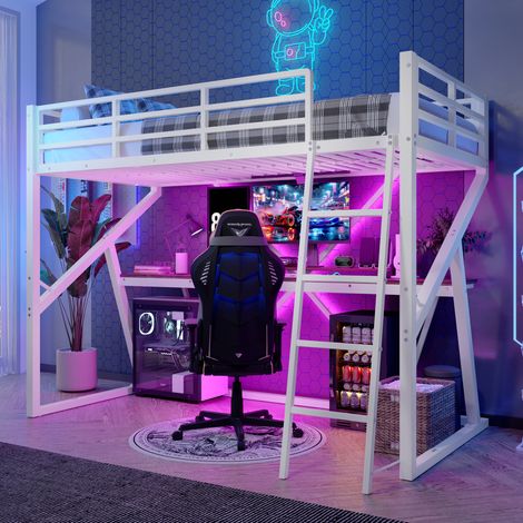 Cama alta infantil 90x200 cm, con escritorio, escalera, barrera protectora, luces LED, metal blanco (1/5)