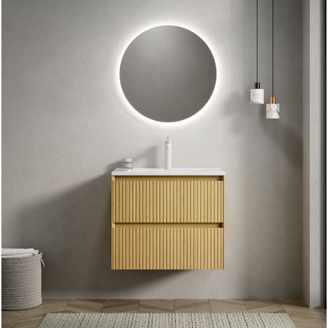 Waschbeckenunterschrank hängend 61 cm modern mit integriertem Keramikwaschbecken, 2 Soft-Close-Schubladen, Eiche gold (1/5)