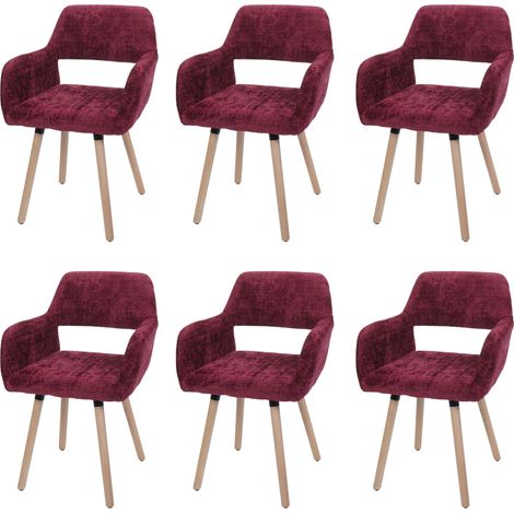 Lot de 6 chaises de salle à manger HHG-867 II, chaise de cuisine rembourrée, bois tissu/textile chenille (465g/m²) MVG, bordeaux (1/5)